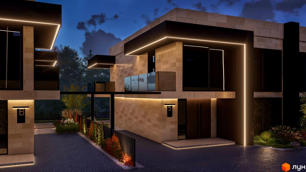 Котеджне містечко Alma Residence з фасадами з піщаника та підсвіткою. Прибудинкова територія з бруківкою та ландшафтним дизайном.