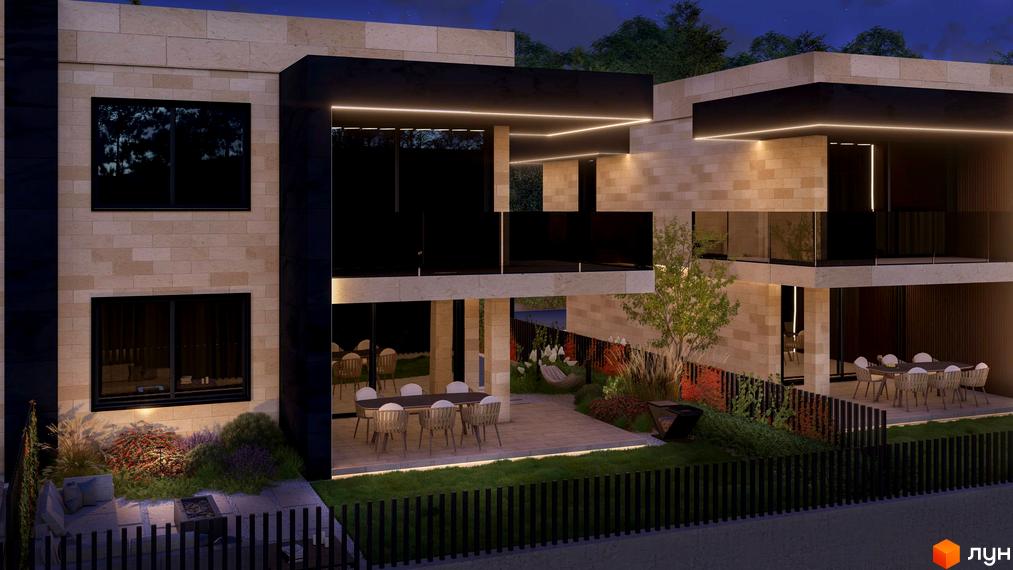 Котеджне містечко КМ Alma Residence. Зовнішній вигляд двоповерхових будинків з великими вікнами та терасами, прибудинкова територія з зеленими насадженнями та зонами відпочинку.