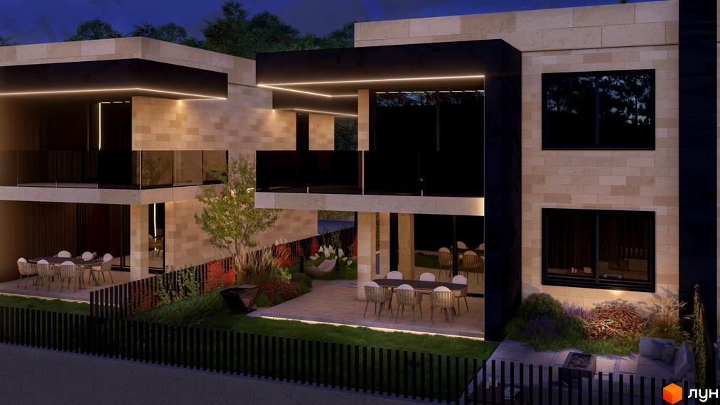 Котеджне містечко Alma Residence: двоповерхові будинки з терасами та великими вікнами, огороджена територія з ландшафтним дизайном та зонами відпочинку.