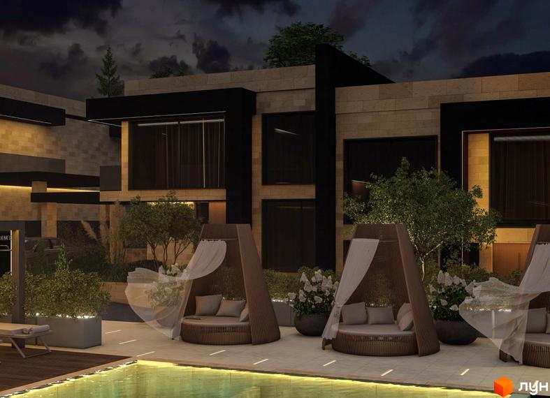 Зовнішній вигляд будинку КМ Alma Residence з цегляним фасадом та темними елементами. На прибудинковій території розташовані басейни та зони відпочинку.