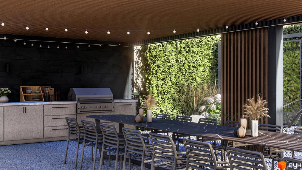 Котеджне містечко КМ Alma Residence: відкритий простір з зоною барбекю та обіднім столом, оточений зеленню. Сучасний дизайн фасаду та затишна тераса для відпочинку.