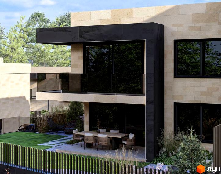 Котеджне містечко КМ Alma Residence: сучасний будинок з великими вікнами та терасою, зелений двір з зоною відпочинку.