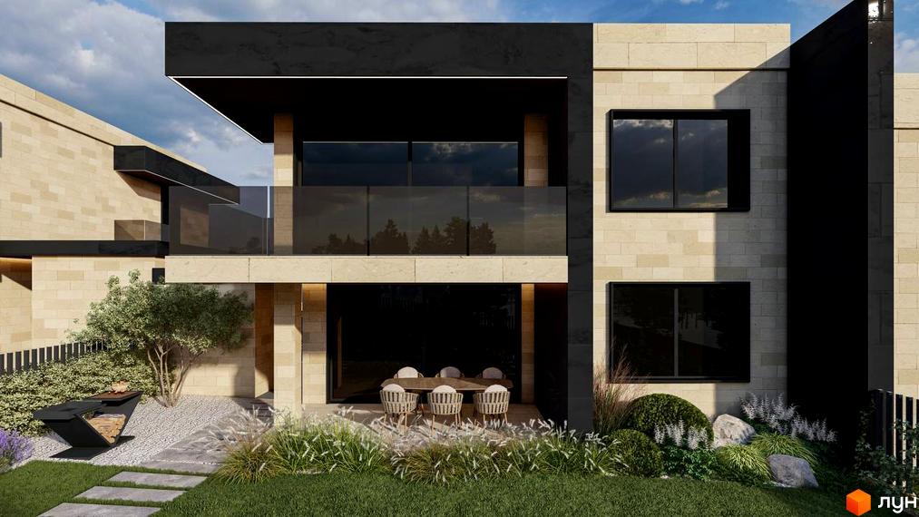 Котеджне містечко КМ Alma Residence: двоповерховий будинок з великими вікнами, терасою та доглянутою прибудинковою територією з зеленими насадженнями та зоною відпочинку.