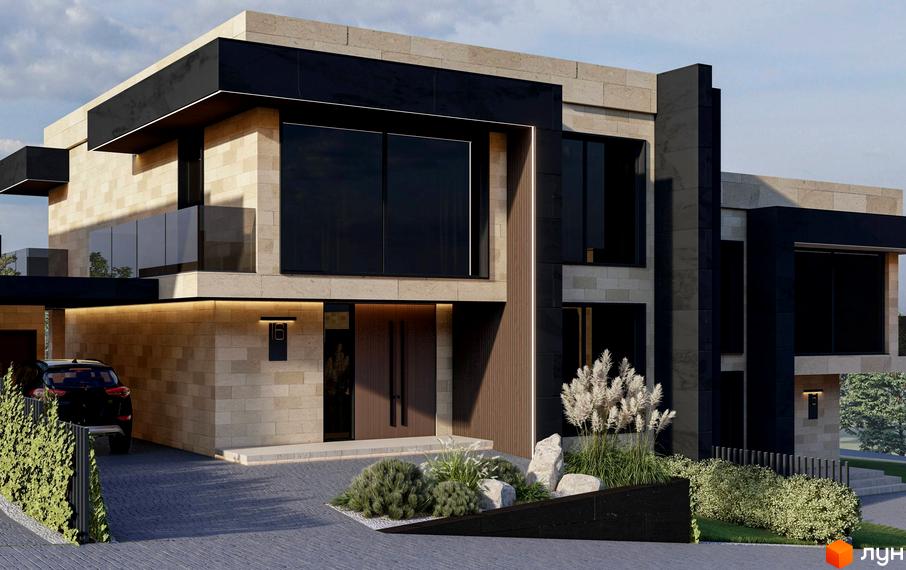 Котеджне містечко КМ Alma Residence, двоповерховий будинок з кам'яним фасадом, великими темними вікнами та скляними балконами. Прибудинкова територія з доглянутими кущами та деревами.