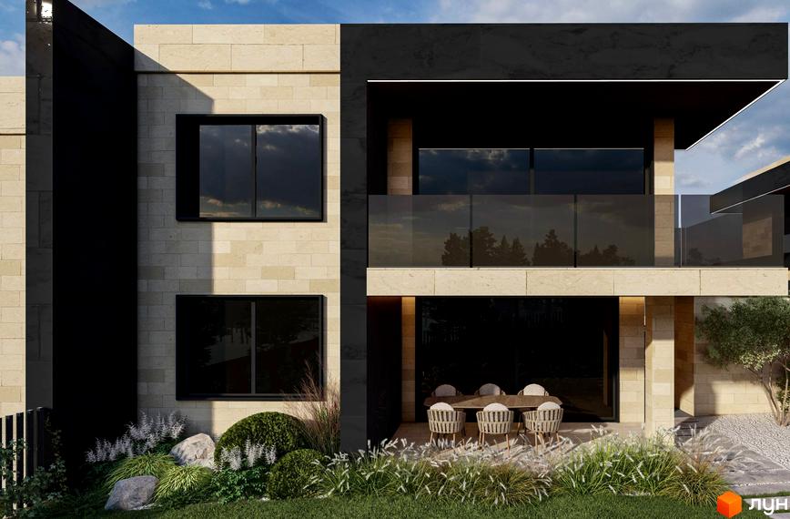 Котеджне містечко КМ Alma Residence: двоповерховий будинок з світлої плитки та темними елементами, скляною огорожею балкона, терасою з обіднім столом та озелененою ділянкою.