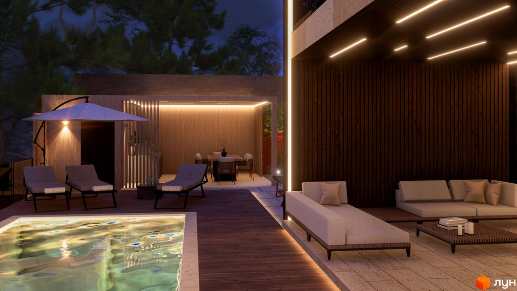 Котеджне містечко КМ Alma Residence: сучасний екстер'єр будинку з басейном, зоною відпочинку та освітленням ввечері.