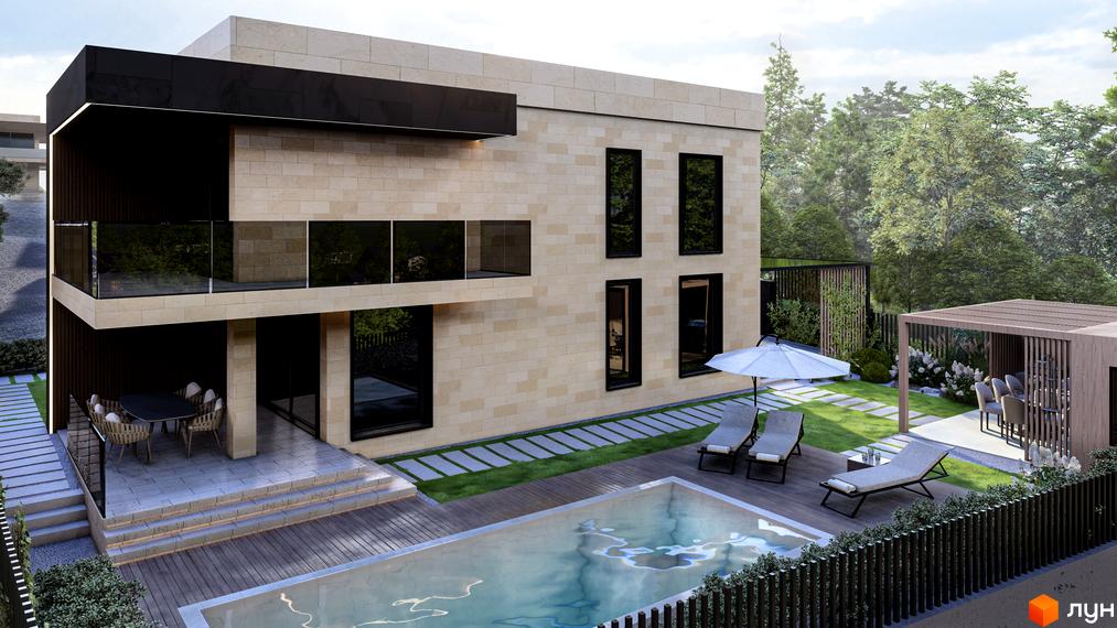 Котеджне містечко КМ Alma Residence: двоповерховий будинок з піщано-жовтої цегли, скляними балконами та басейном на прибудинковій території. Навколо зелені дерева та зона відпочинку з шезлонгами.