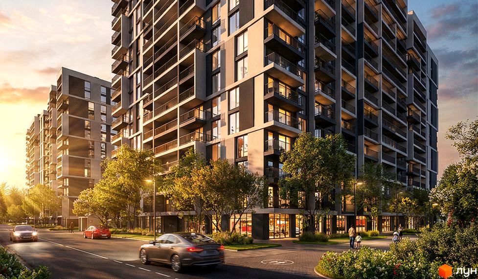 Житловий комплекс Comfort Park 2 з балконами та вікнами, що виходять на дорогу та зелену зону з деревами.