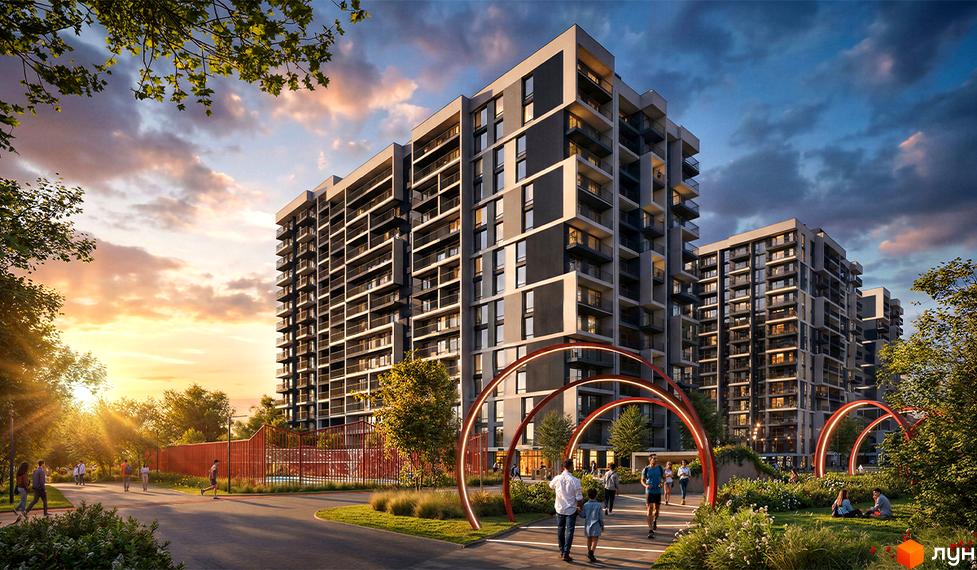 Житловий комплекс Comfort Park 2 з сучасними фасадами та балконами, оточений доглянутою прибудинковою територією з зонами для відпочинку та прогулянок.