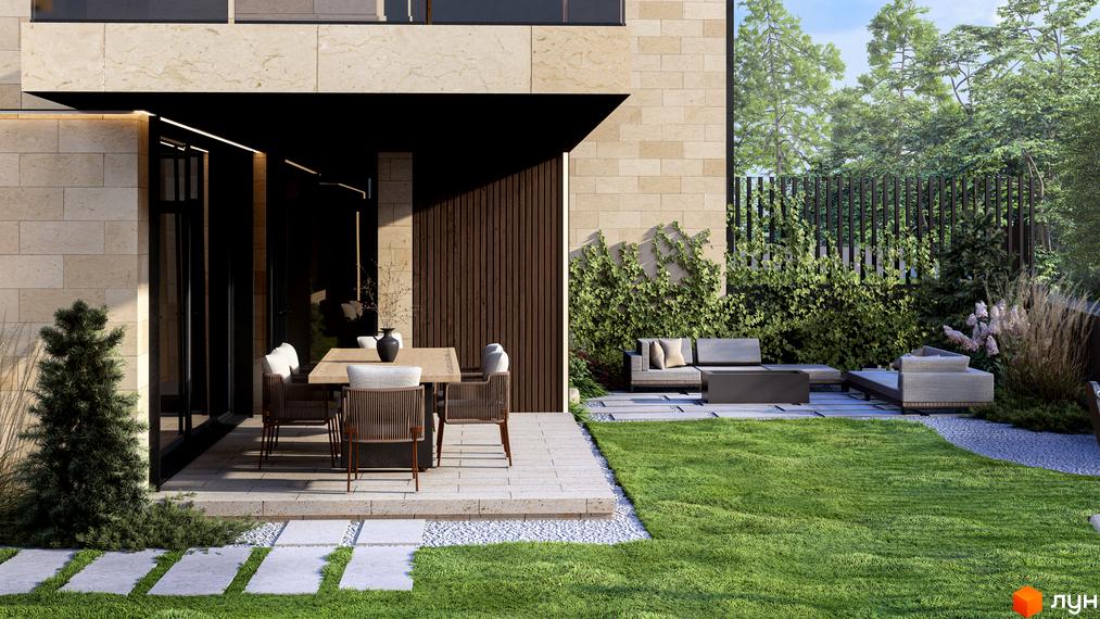 Зовнішній вигляд будинку КМ Alma Residence з терасою та зоною відпочинку. Зелена прибудинкова територія з газоном та рослинністю.