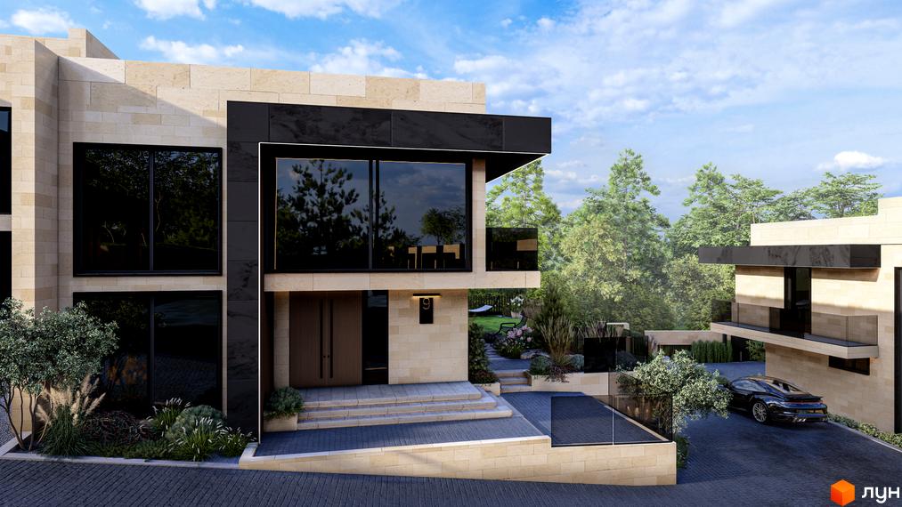 КМ Alma Residence: двоповерховий будинок з великими вікнами та кам'яним фасадом, поруч доглянутий сад та парковка з автомобілем.