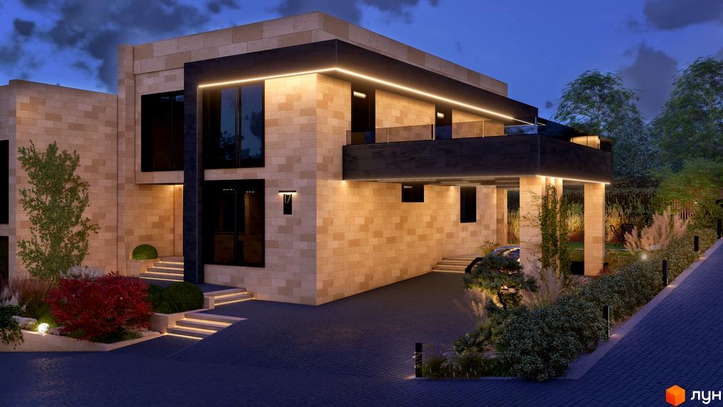 Фасад будинку Котеджного містечка Alma Residence зі світлої цегли з темними елементами та лінійним освітленням. Територія має освітлені доріжки, сходи та ландшафт.