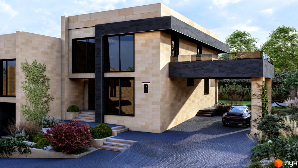 Котеджне містечко КМ Alma Residence: двоповерховий будинок з бежевої цегли з темними вставками, великими вікнами та навісом для авто. Навколо будинку доглянутий ландшафтний дизайн з кущами та деревами.