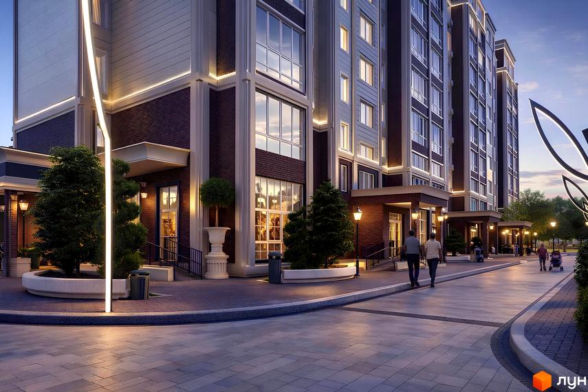 Житловий комплекс Millennium Park: будівля з цегляним фасадом, великими вікнами. Прибудинкова територія з бруківкою, ліхтарями та зеленими насадженнями.