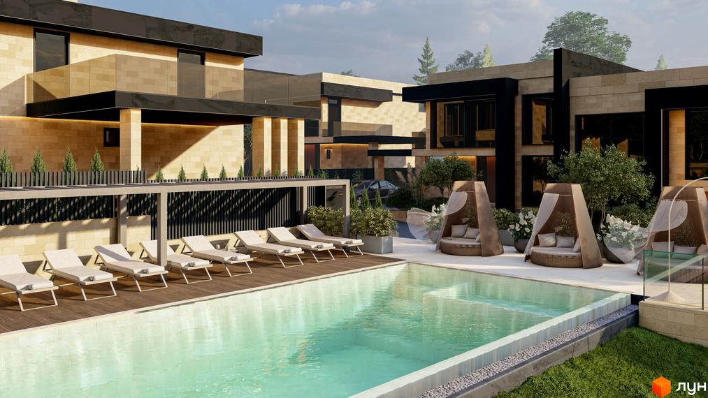 Зовнішній вигляд котеджного комплексу КМ Alma Residence з басейном та зонами відпочинку. На території розташовані сучасні будинки з великими вікнами та терасами, а також доглянутий ландшафт.