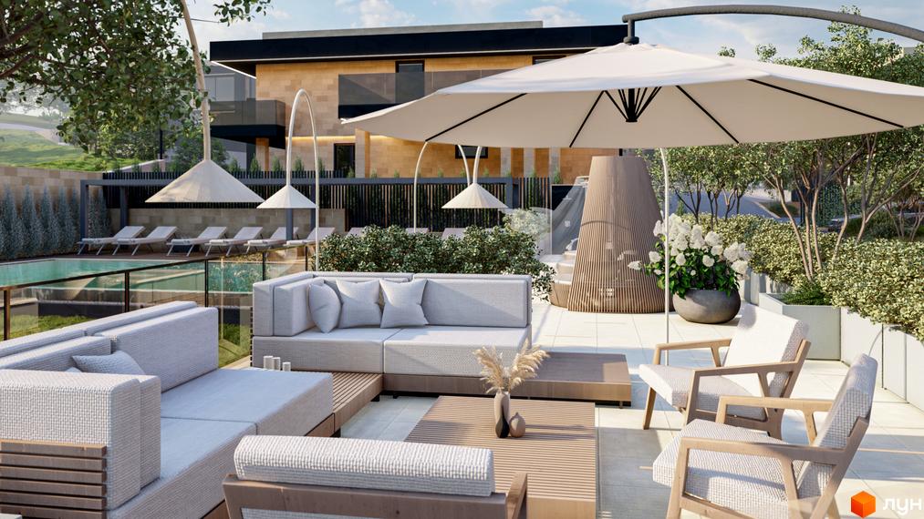 Зовнішній вигляд будинку та прибудинкова територія КМ Alma Residence з басейном та зонами відпочинку. Новобудова з елементами дизайну.