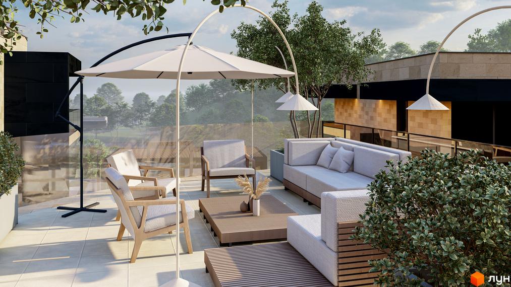 Зовнішній вигляд КМ Alma Residence з терасою, диванами та кріслами. Прибудинкова територія з деревами та зеленню.