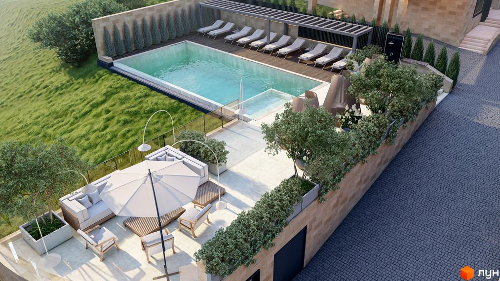 Котеджне містечко Alma Residence з басейном та зоною відпочинку. Зовнішній вигляд новобудови та прибудинкової території.