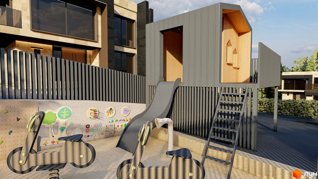 Будинки Котеджного містечка Alma Residence мають світлі фасади та великі вікна. На прибудинковій території облаштований дитячий майданчик з гіркою та ігровими елементами.