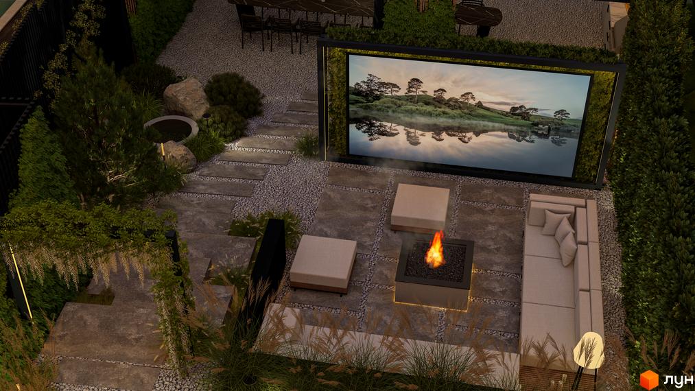 КМ Alma Residence: затишна тераса з каміном та великим екраном для перегляду фільмів, оточена зеленню та сучасними меблями. Ідеальне місце для відпочинку на свіжому повітрі.