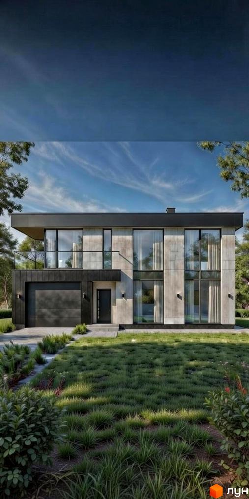 Котеджне містечко КМ City space 2: двоповерховий будинок з великими вікнами та гаражем, оточений зеленою галявиною та деревами.