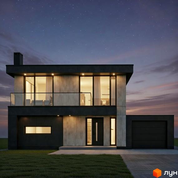 Котеджне містечко КМ City space 2: двоповерховий будинок з гаражем та скляним балконом на тлі зоряного неба. Прибудинкова територія з доглянутим газоном.
