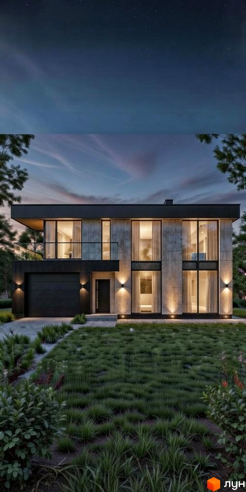 Сучасний двоповерховий будинок з великими вікнами та гаражем, оточений зеленою галявиною та деревами.