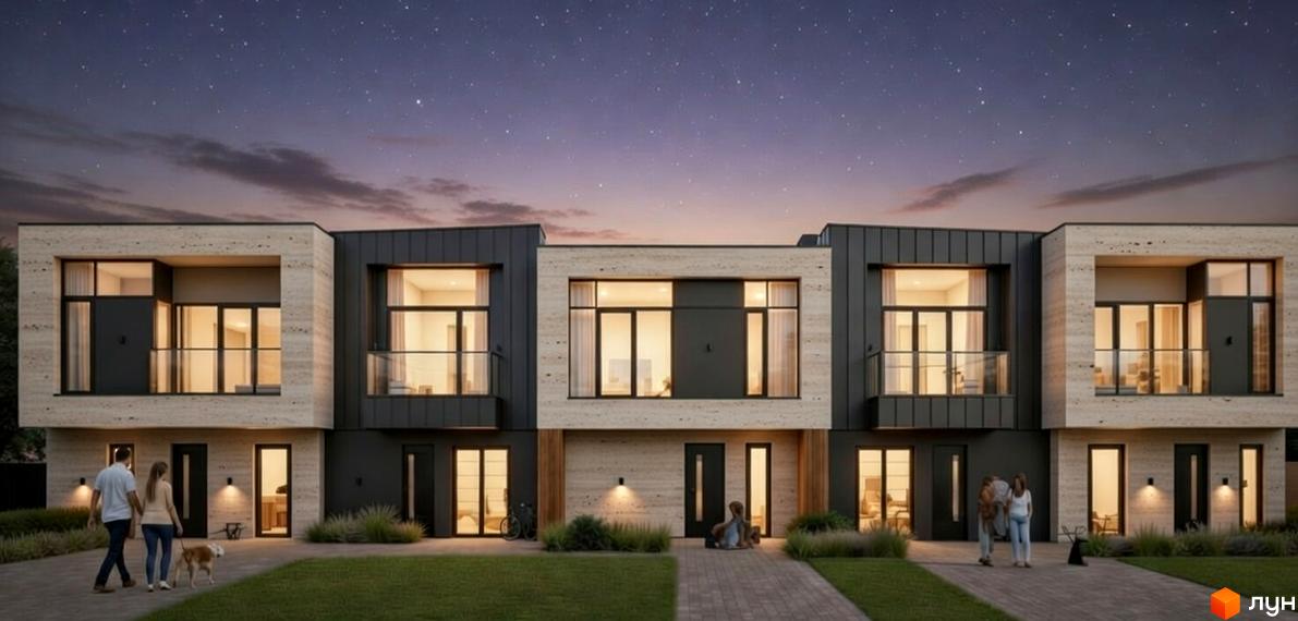 Котеджне містечко City space 2: сучасні таунхауси з великими вікнами та балконами на тлі зоряного неба, доглянутий газон та доріжки перед будинками.