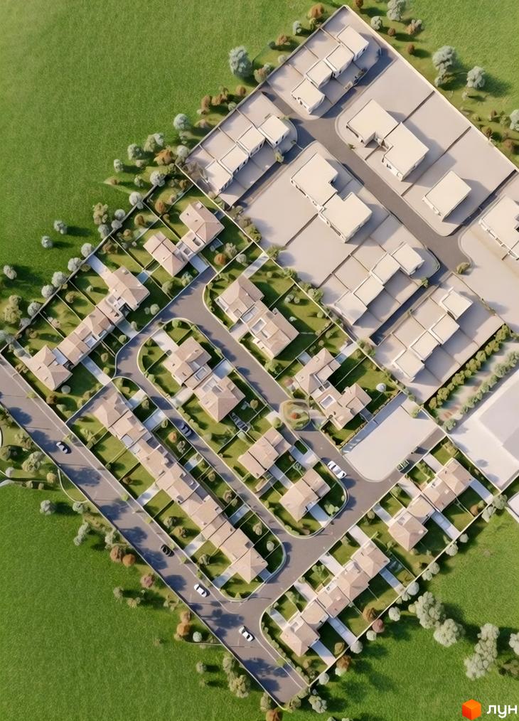 КМ City space 2: вид зверху на котеджну забудову з акуратними будинками та зеленими ділянками. Навколо доглянута прибудинкова територія з доріжками та деревами.