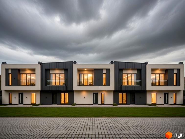 Котеджне містечко КМ City space 2: фасади будинків з панорамними вікнами та балконами, зелена галявина та вимощена доріжка. Зовнішній вигляд новобудови.