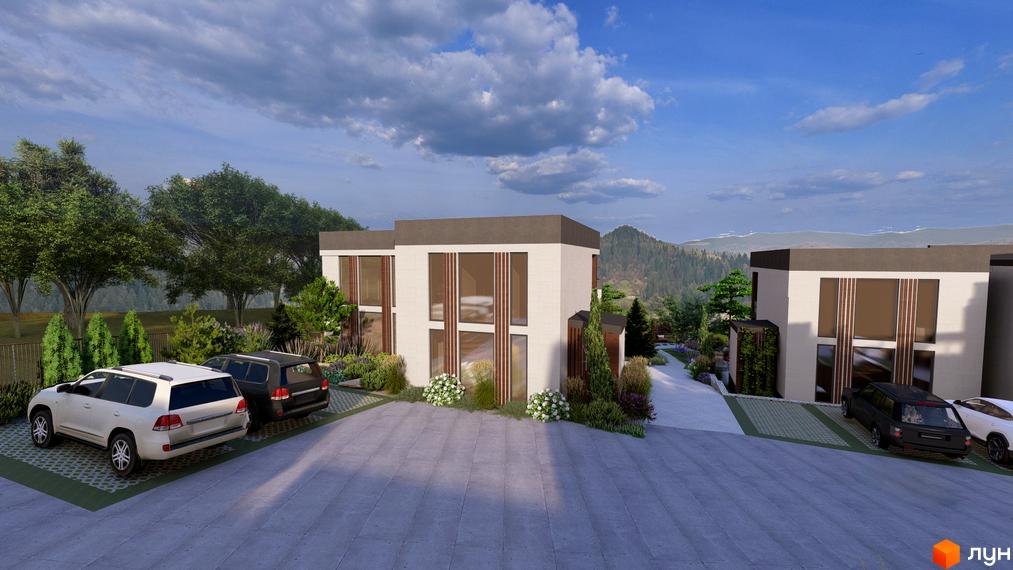 Котеджне містечко Yalo Village: двоповерхові будинки з великими вікнами та сірими дахами, парковка з автомобілями та зелені насадження.