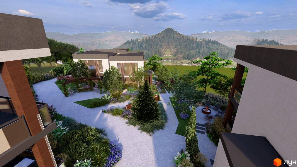 Котеджне містечко KМ Yalo Village з сучасними будинками та доглянутою прибудинковою територією з ландшафтним дизайном. Навколо зелені гори та ліси.