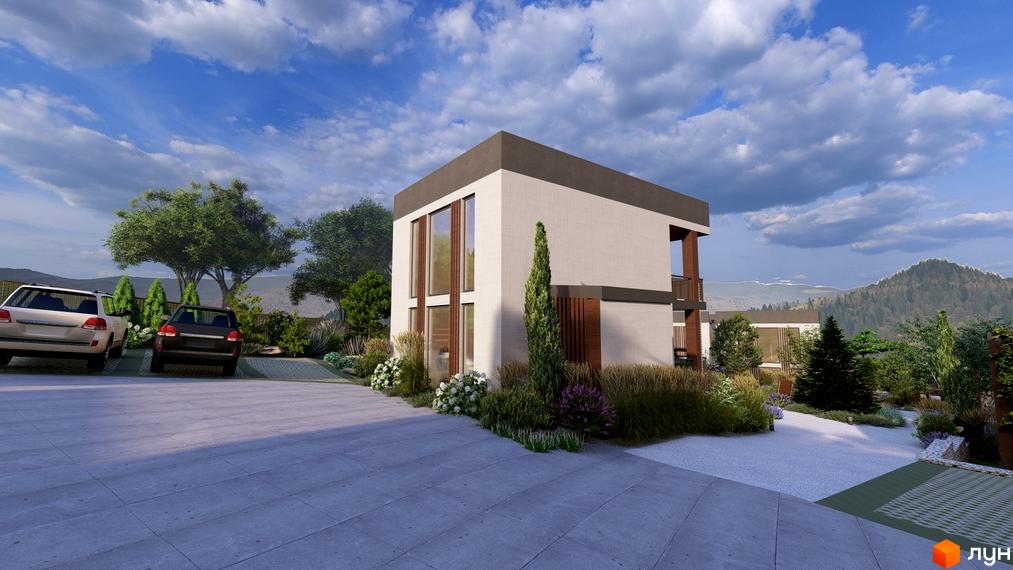 Котеджне містечко КМ Yalo Village: двоповерхові будинки з великими вікнами та балконами, доглянута прибудинкова територія з деревами та квітами, парковка з автомобілями.