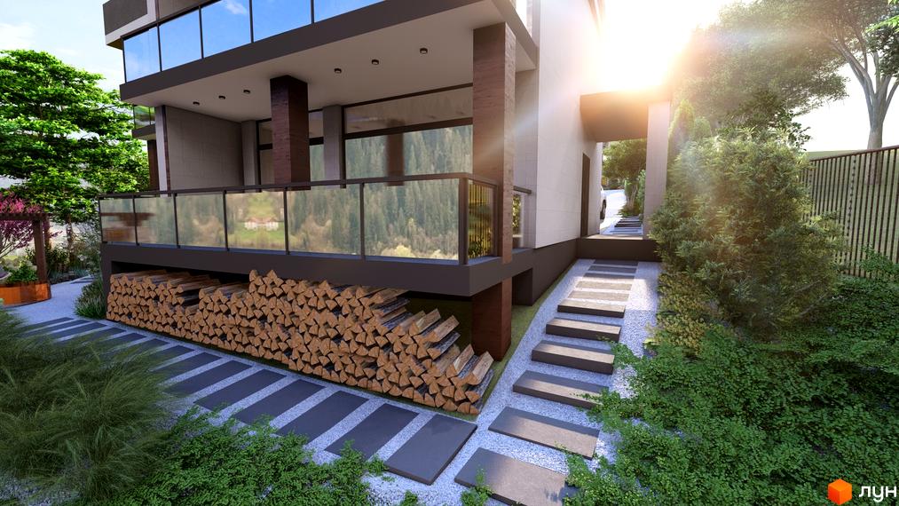 Котеджне містечко Yalo Village: двоповерховий будинок з терасою та скляними перилами, поруч складовані дрова та доріжка з кам'яних плит.