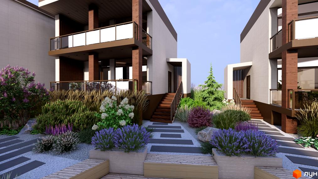 Котеджне містечко KML Yalo Village з сучасним фасадом та доглянутою прибудинковою територією з квітами та деревами.