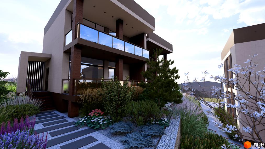 Котеджне містечко КМ Yalo Village: двоповерховий будинок з великими вікнами та скляними балконами, оточений доглянутим ландшафтом з квітами та деревами.