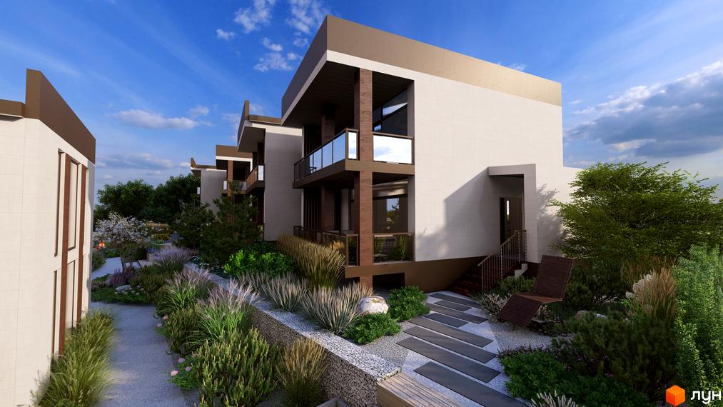 Котеджне містечко Yalo Village: сучасні будинки з балконами та панорамними вікнами, доглянута прибудинкова територія з рослинами та доріжками.