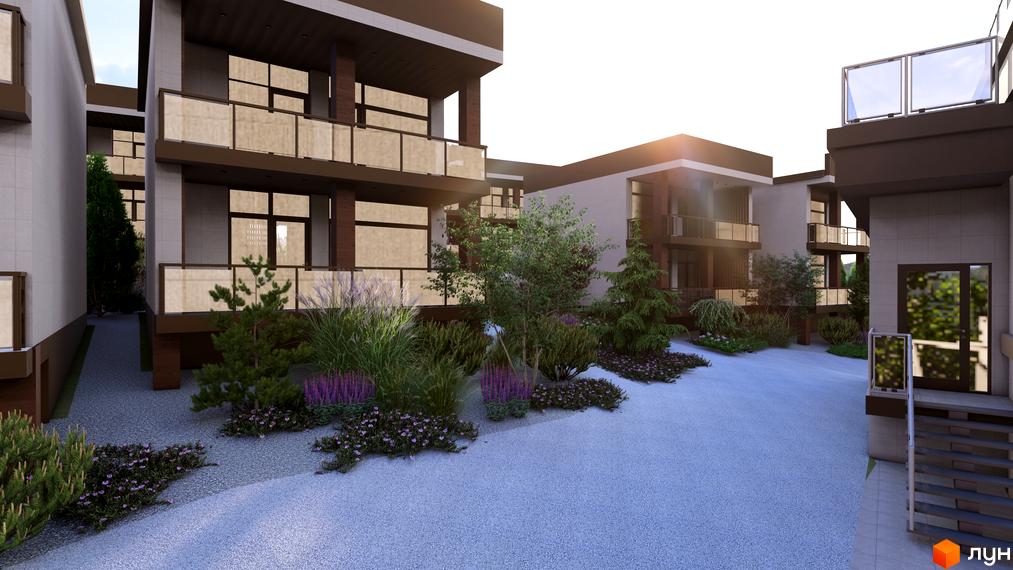 Котеджне містечко КМ Yalo Village: фасади будинків з балконами та панорамними вікнами, доглянута прибудинкова територія з рослинами та гравійними доріжками.