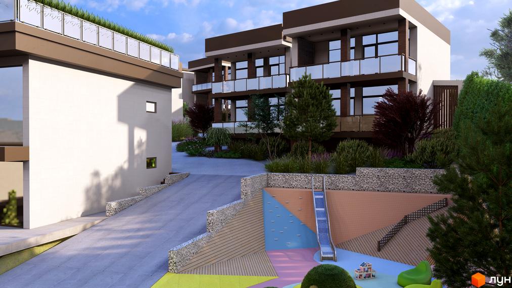 Котеджне містечко Yalo Village: фасади будинків з коричневими елементами та скляними балконами, дитячий майданчик зі спуском та скеледромом.