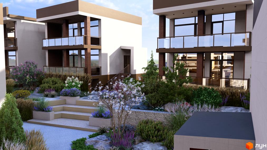 Котеджне містечко КМ Yalo Village: двоповерхові будинки з коричневими елементами та скляними балконами, доглянута прибудинкова територія з ландшафтним дизайном та квітами.