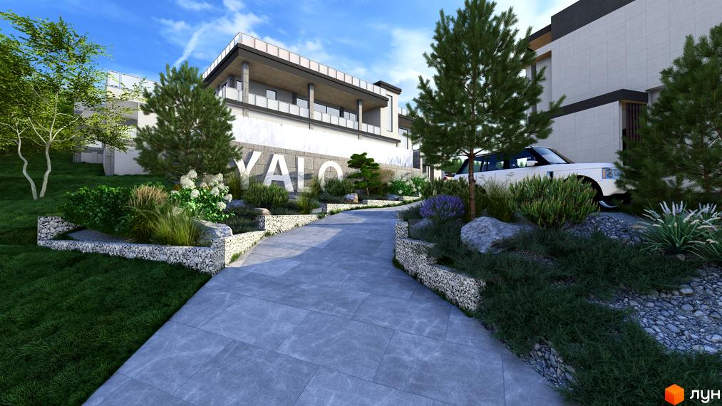 Котеджне містечко Yalo Village: фасад будинку з великими вікнами та балконами, доглянута прибудинкова територія з доріжками та зеленими насадженнями.