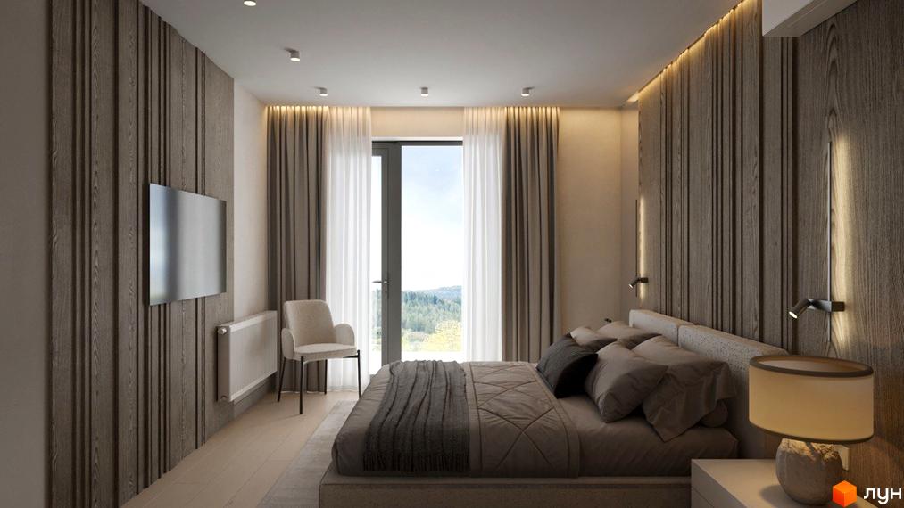 Спальня в котеджному містечку КМ Yalo Village з дерев'яними панелями, великим вікном та видом на ліс.