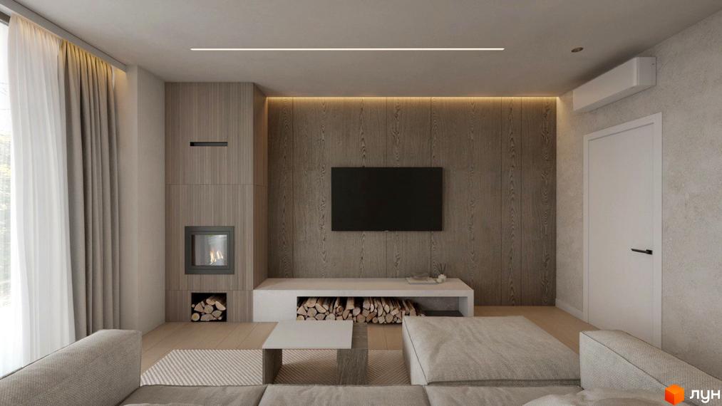 Інтер'єр вітальні в містечку котеджів КМ Yalo Village з каміном, телевізором та дерев'яним оздобленням стін.