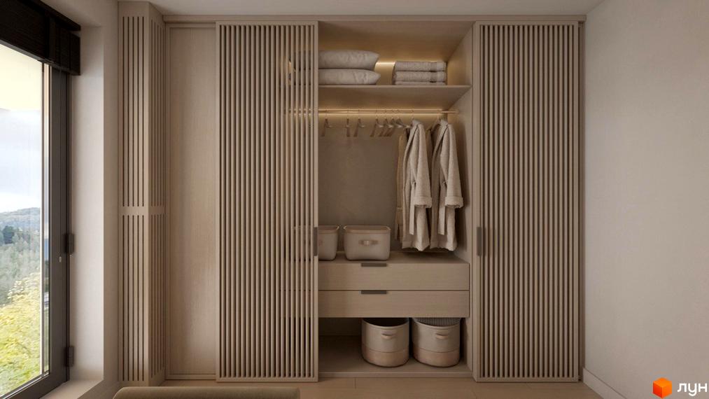 КМ Yalo Village: сучасний дизайн шафи-купе з дерев'яними рейками, що гармонує з інтер'єром спальні. Вікно з видом на зелені пагорби.