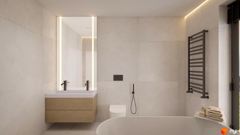 Інтер'єр ванної кімнати в КМ Yalo Village з душовою системою, ванною та подвійним умивальником. Сучасний дизайн та функціональне планування.