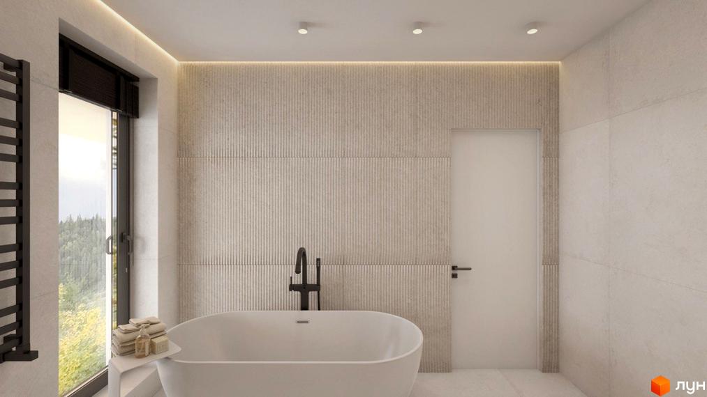 Інтер'єр ванної кімнати в котеджному містечку КМ Yalo Village з ванною, душем та вікном. Сучасний дизайн та функціональне планування.