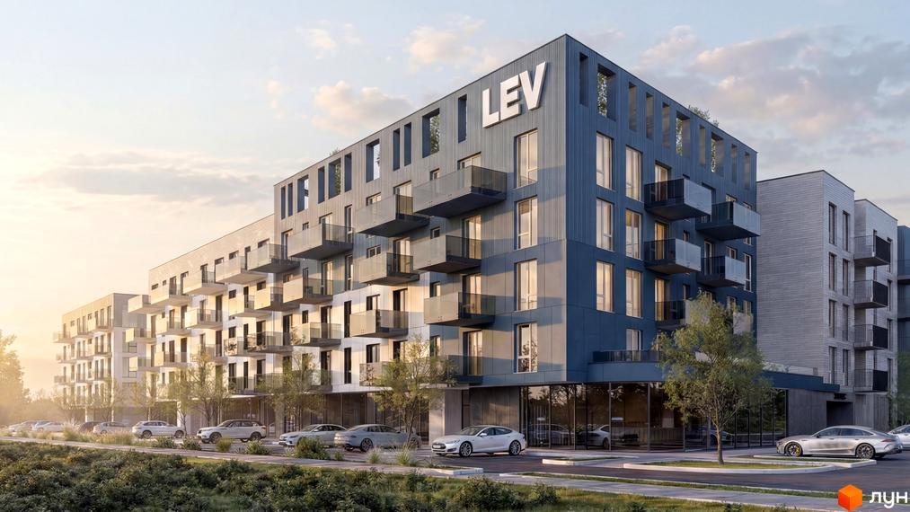 Новобудова ЖК VERO з балконами та панорамними вікнами. Парковка та зелена зона біля будинку.