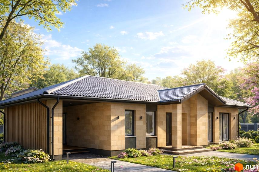 Котеджне містечко Lubo Village: одноповерховий будинок зі світло-коричневими стінами та сірою черепицею, оточений зеленим газоном і квітучими деревами.