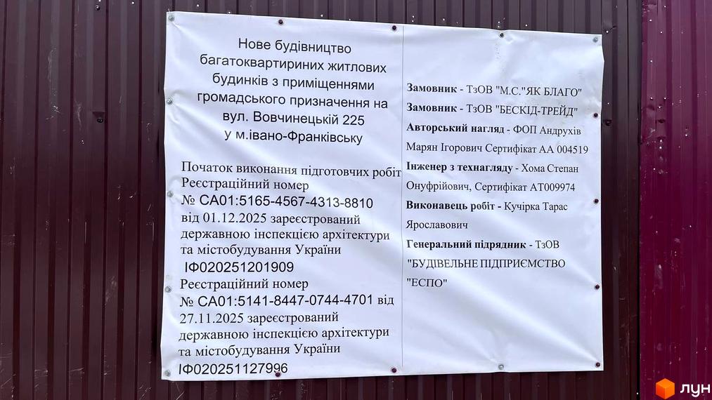 Будівельний майданчик Новобудови на вул. Вовчинецька, 225, з інформаційним стендом про проєкт.