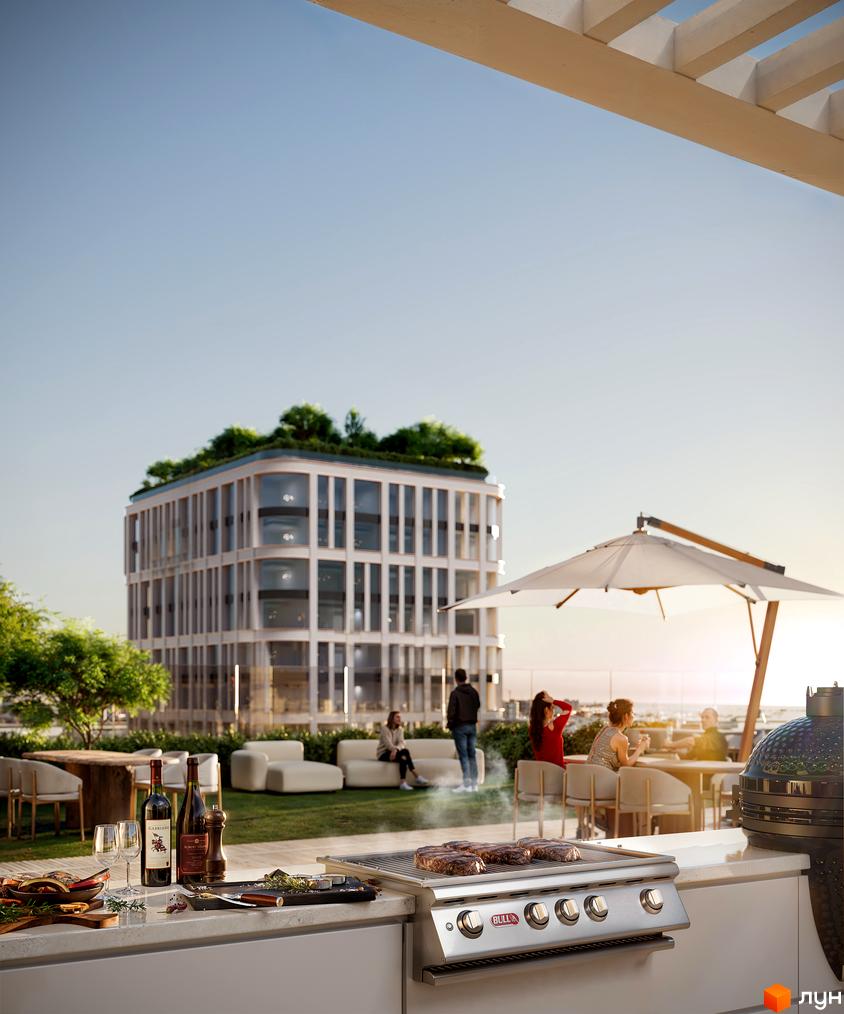 Новобудова БІОРИТМ: багатоповерхова будівля з округлими кутами та зеленим дахом. На даху облаштована тераса з зоною для барбекю та відпочинку.